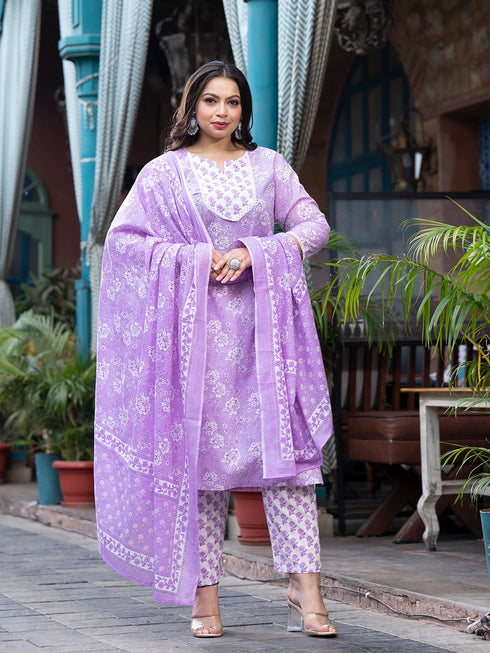 Women Plus Size Lavender Pure Cotton Kurta Set With Dupatta